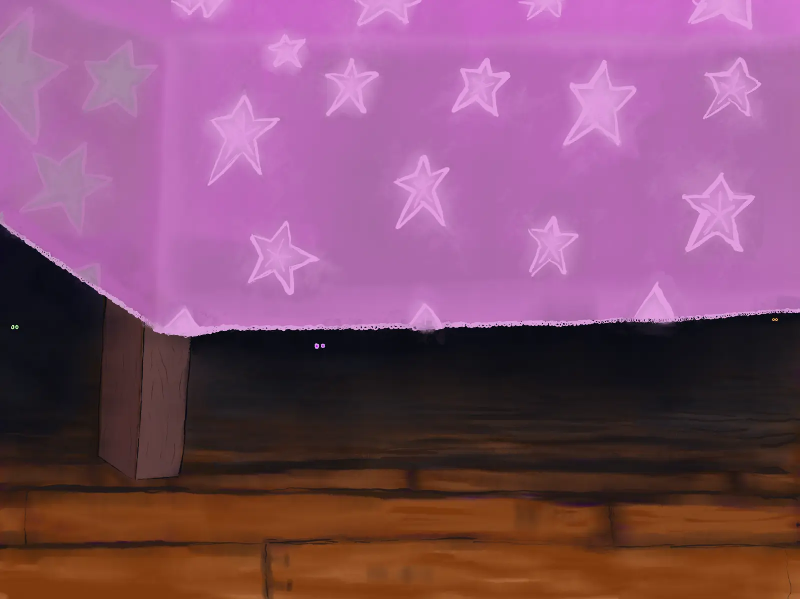 Lily's bedroom at night, with small pairs of eyes watching from beneath the bed